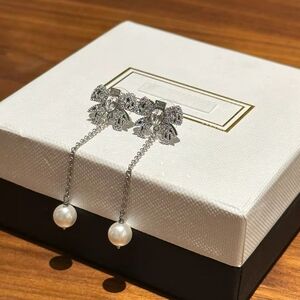 Silver Pearl Drop Floral Crystal Earrings - Women Jewelry